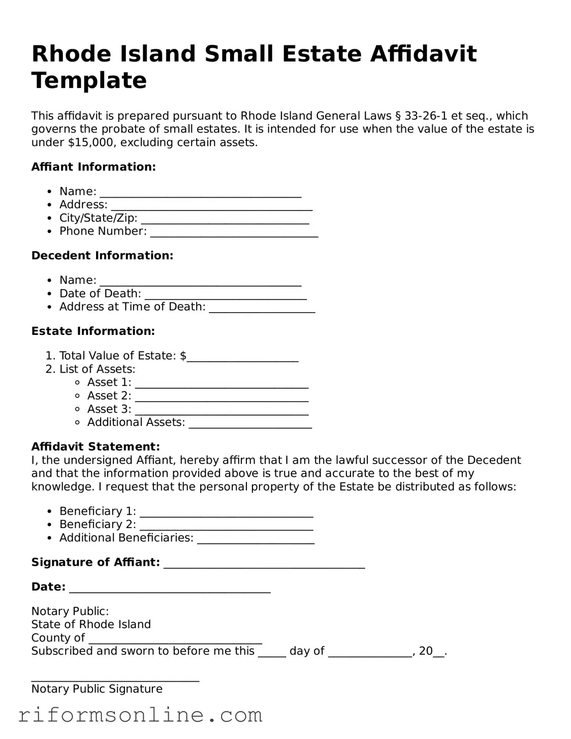 Official Rhode Island Small Estate Affidavit Document