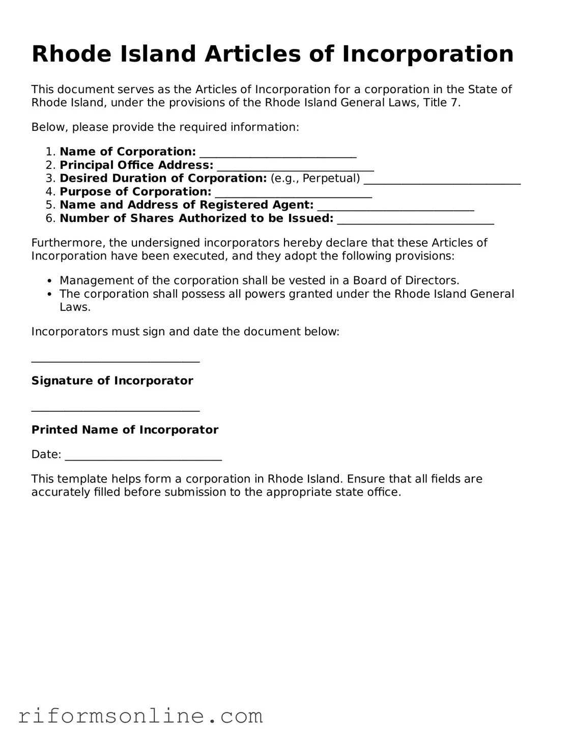 Official Rhode Island Articles of Incorporation Document