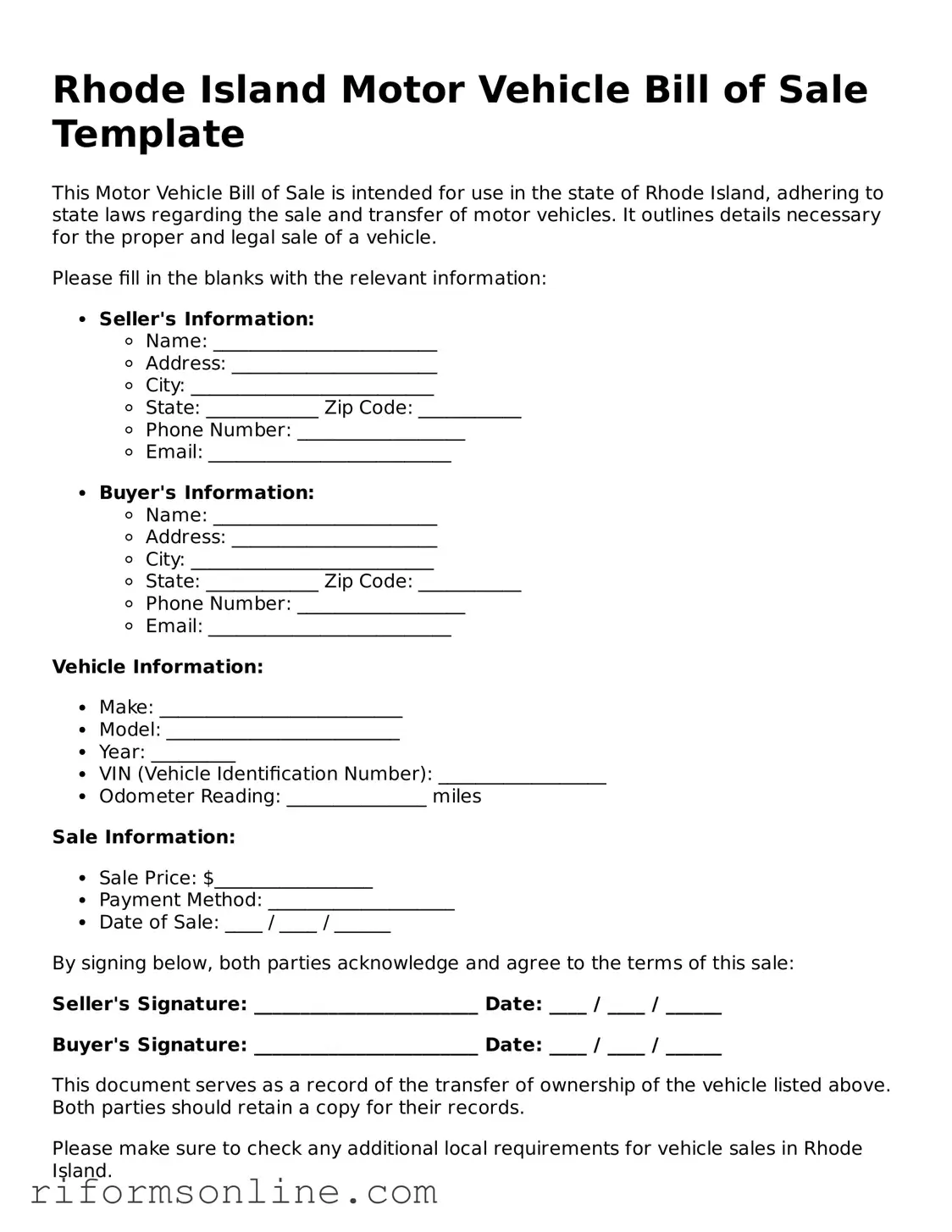 Official Rhode Island Motor Vehicle Bill of Sale Document