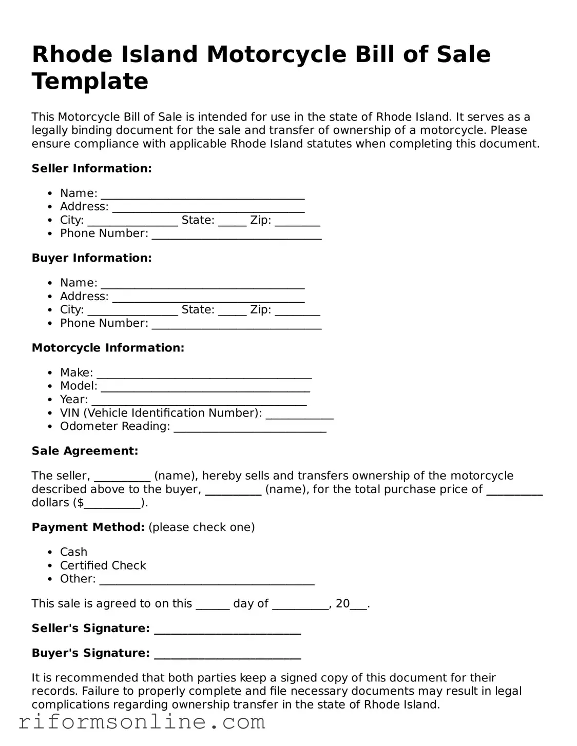 Official Rhode Island Motorcycle Bill of Sale Document