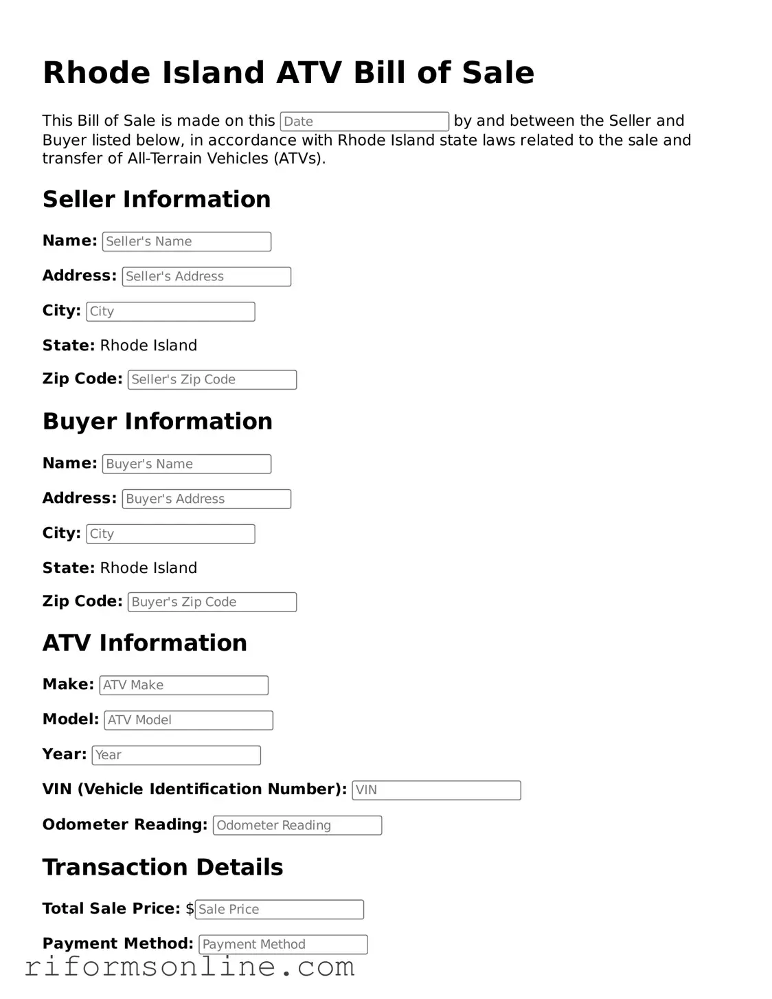 Official Rhode Island ATV Bill of Sale Document