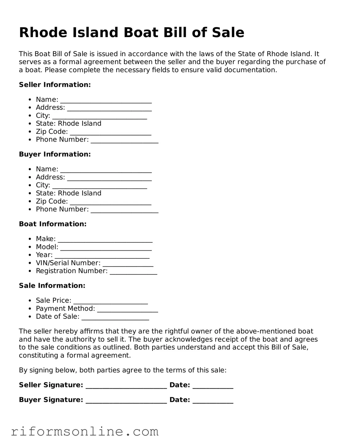 Official Rhode Island Boat Bill of Sale Document
