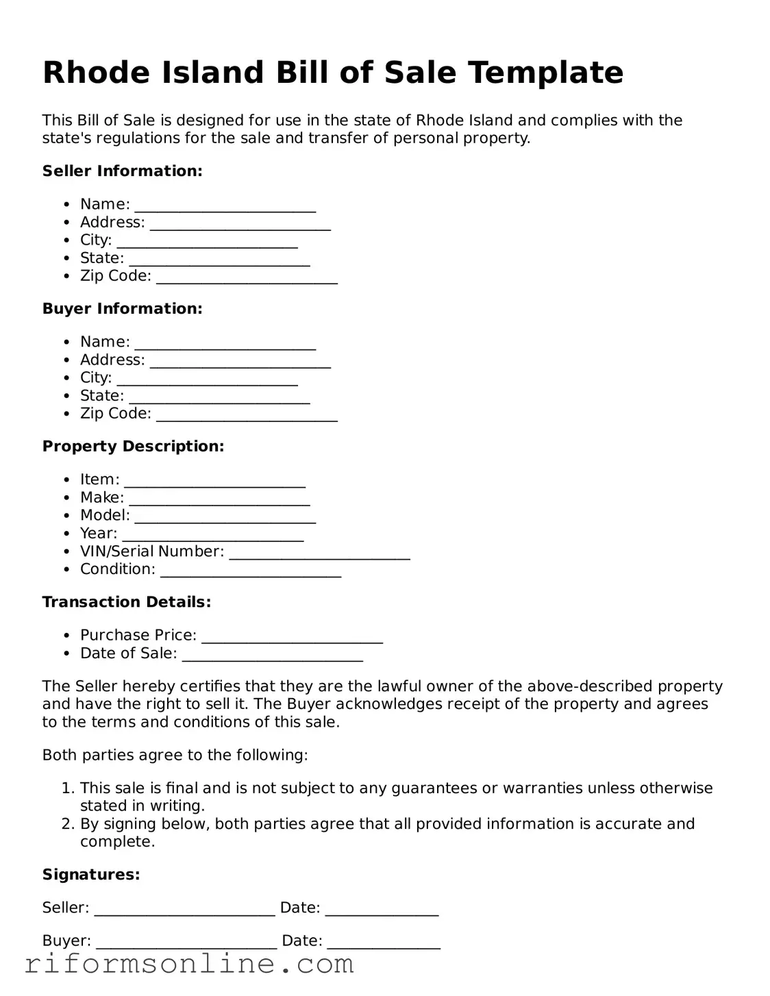 Official Rhode Island Bill of Sale Document
