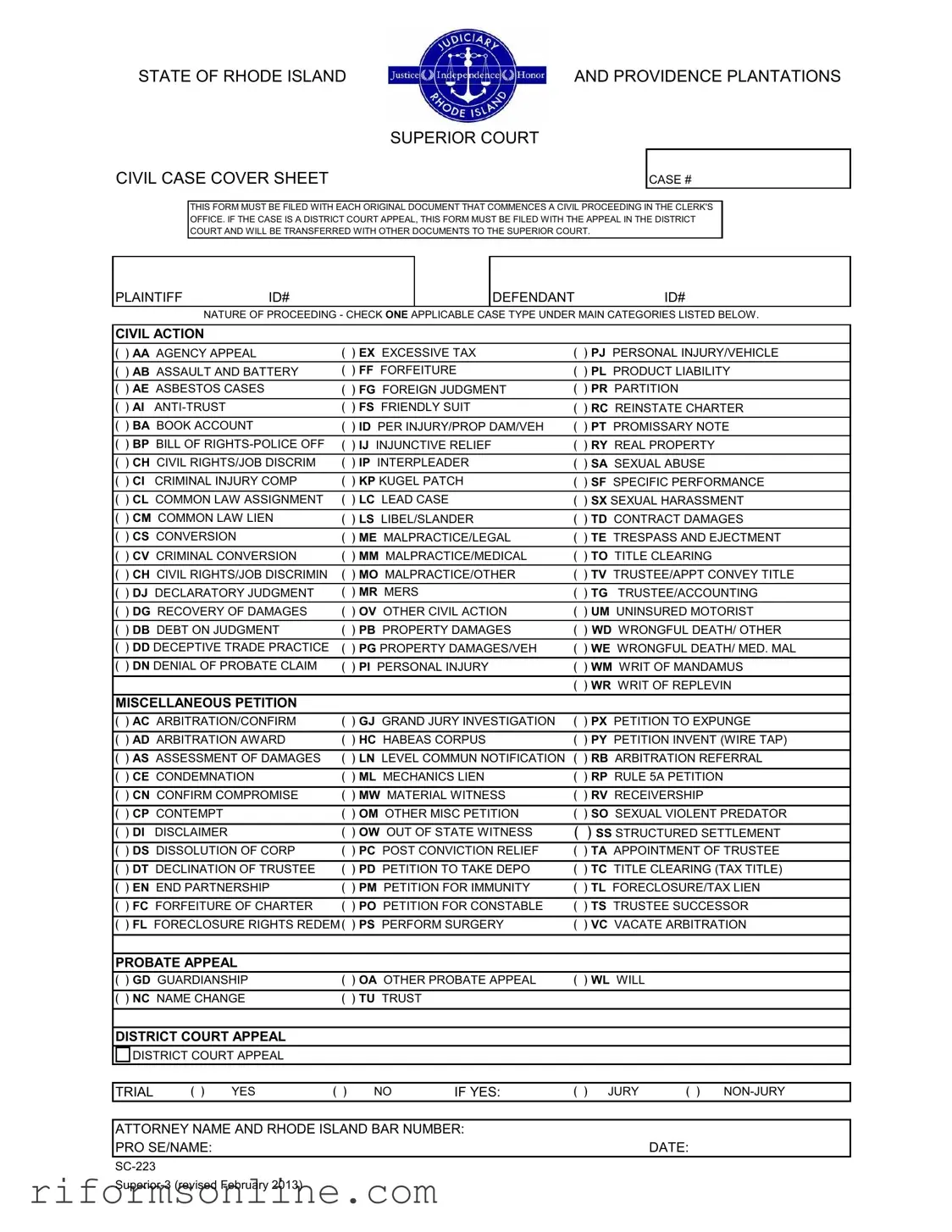 Rhode Island Civil Case Cover Sheet Form