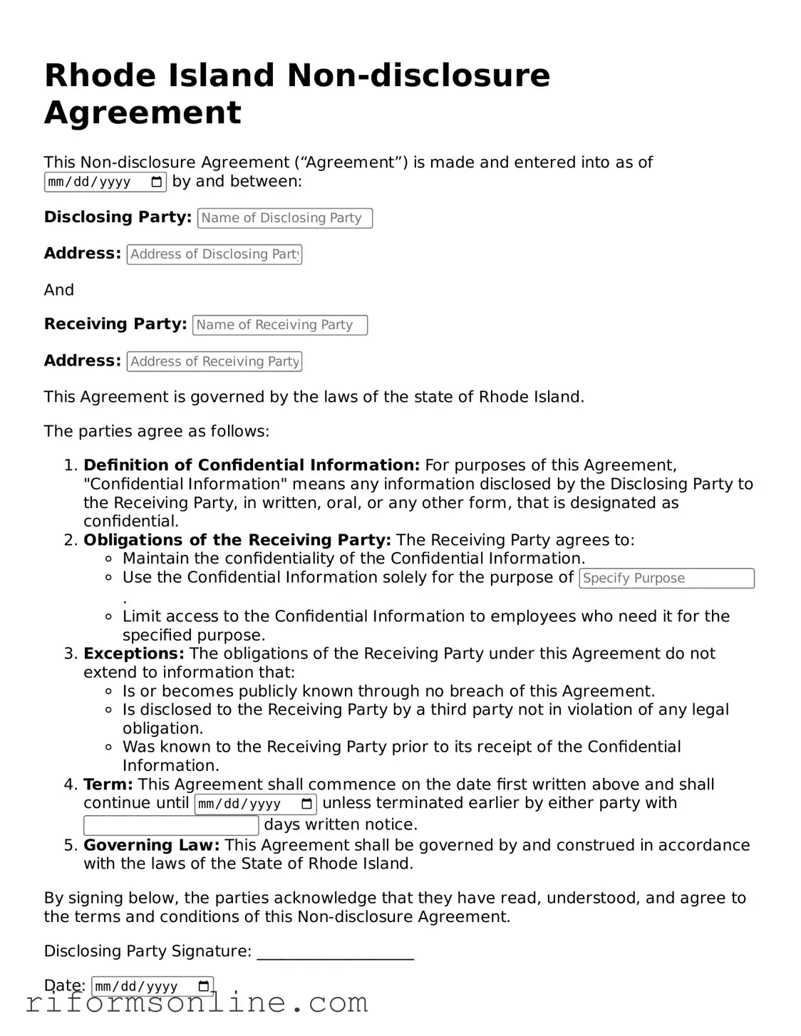 Official Rhode Island Non-disclosure Agreement Document