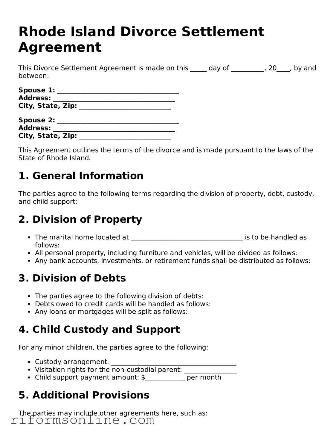 Official Rhode Island Divorce Settlement Agreement Document