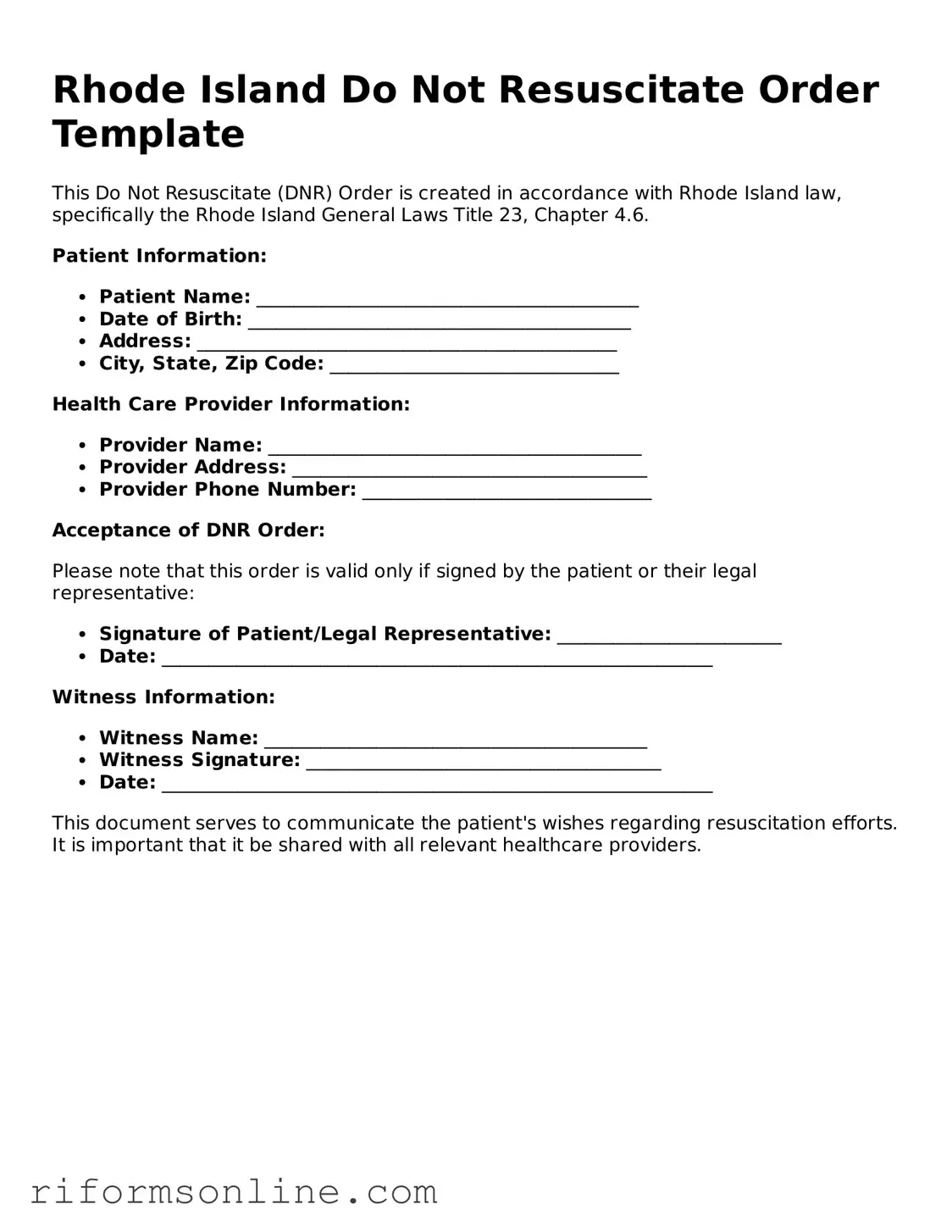 Official Rhode Island Do Not Resuscitate Order Document