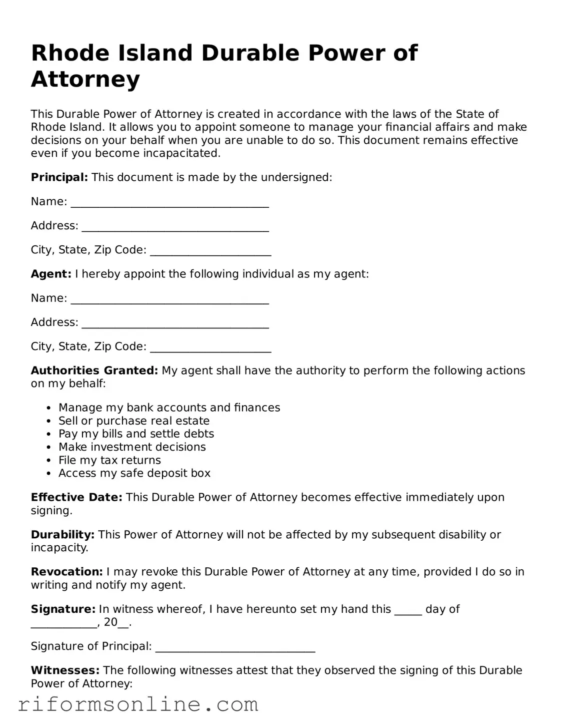 Official Rhode Island Durable Power of Attorney Document