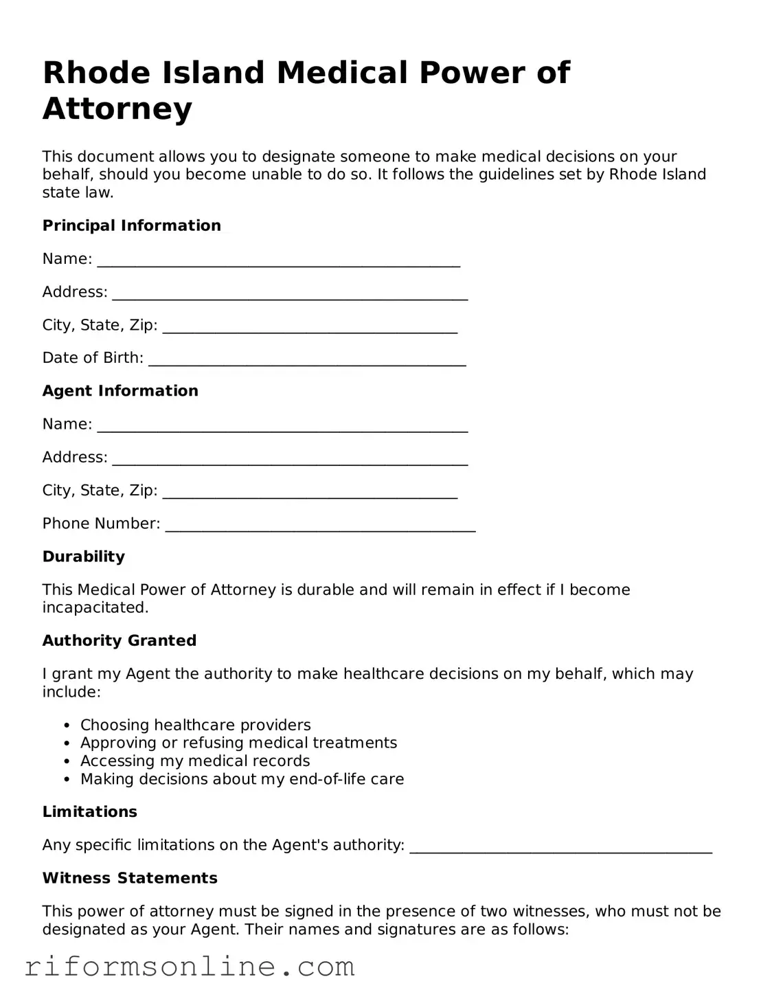 Official Rhode Island Medical Power of Attorney Document