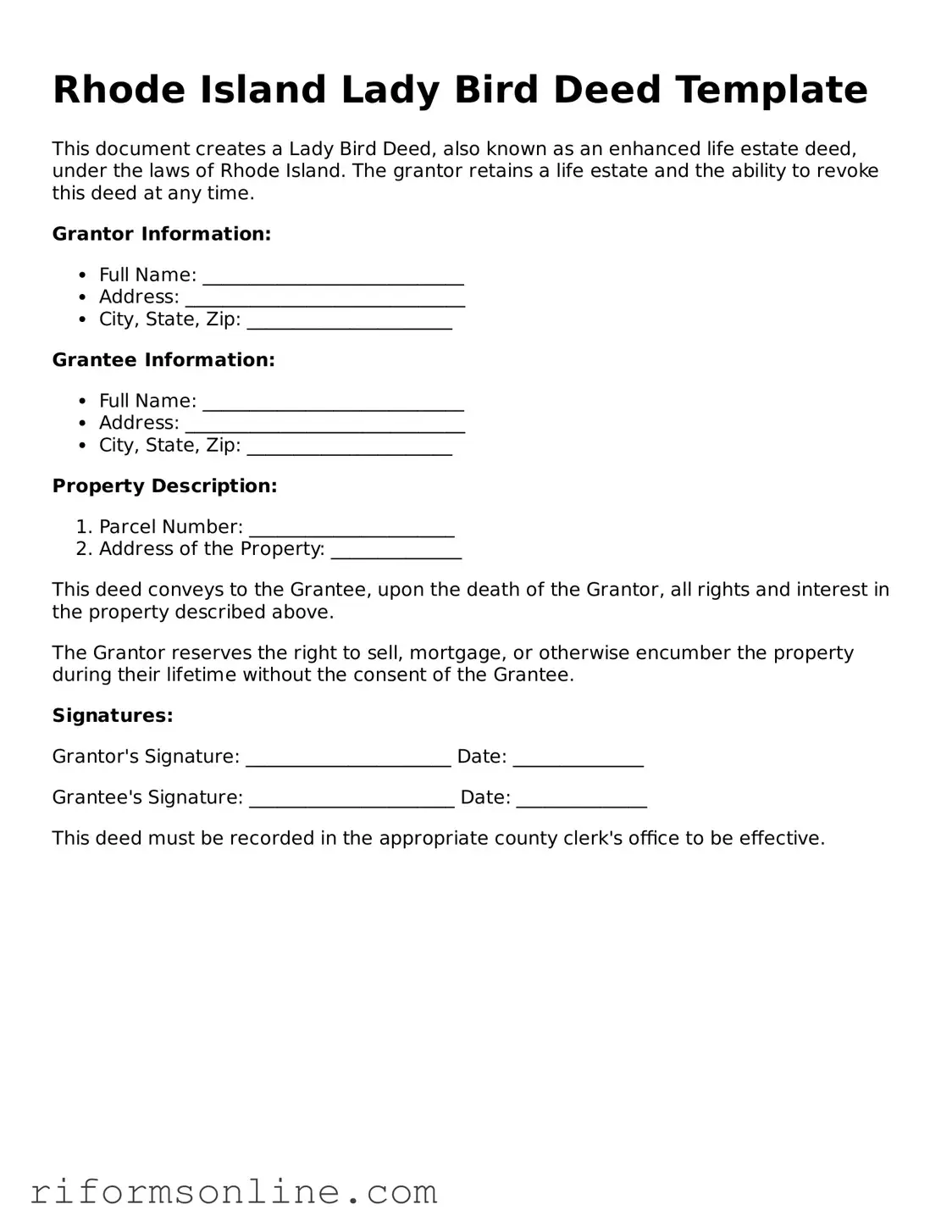 Official Rhode Island Lady Bird Deed Document