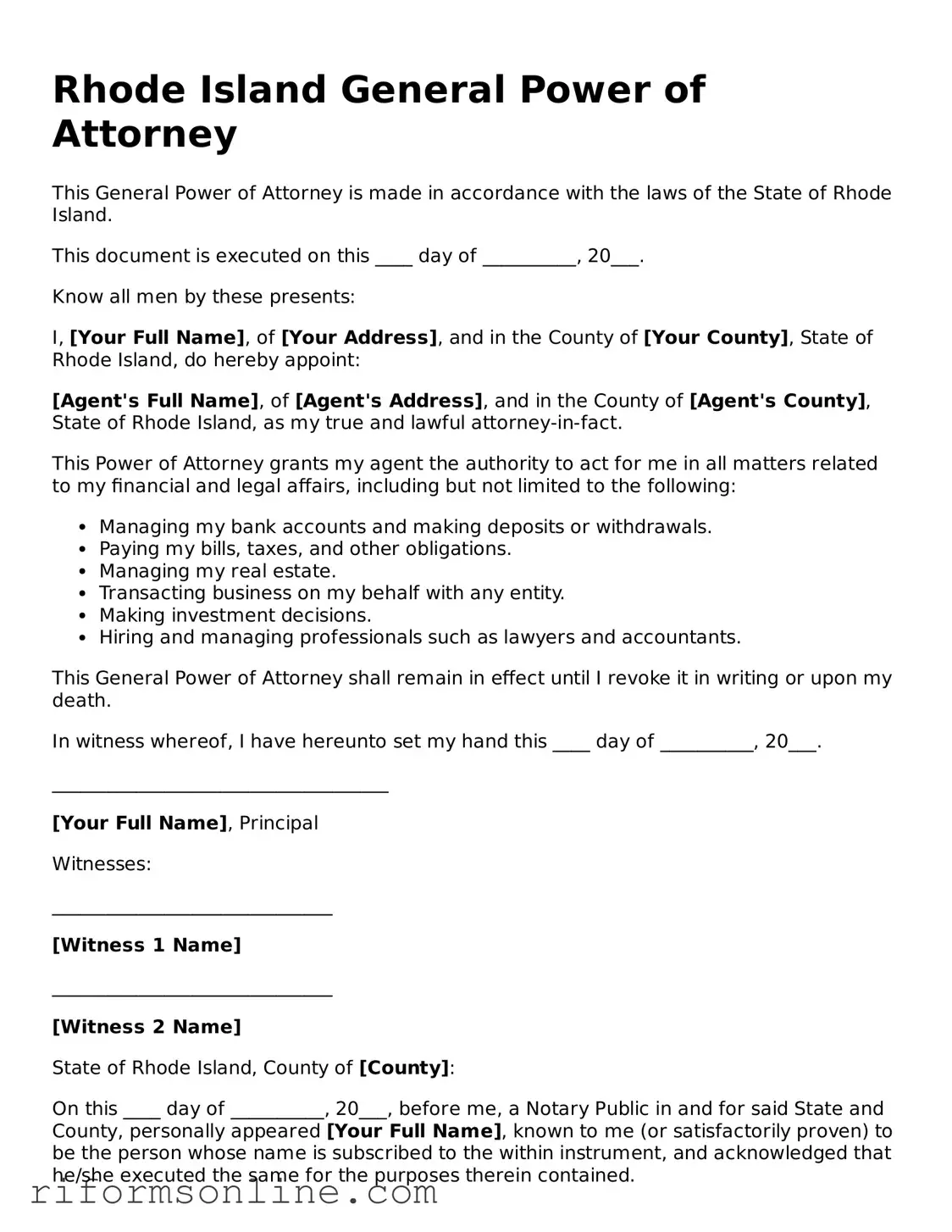 Official Rhode Island General Power of Attorney Document