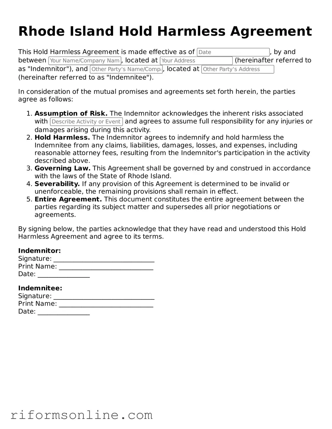 Official Rhode Island Hold Harmless Agreement Document