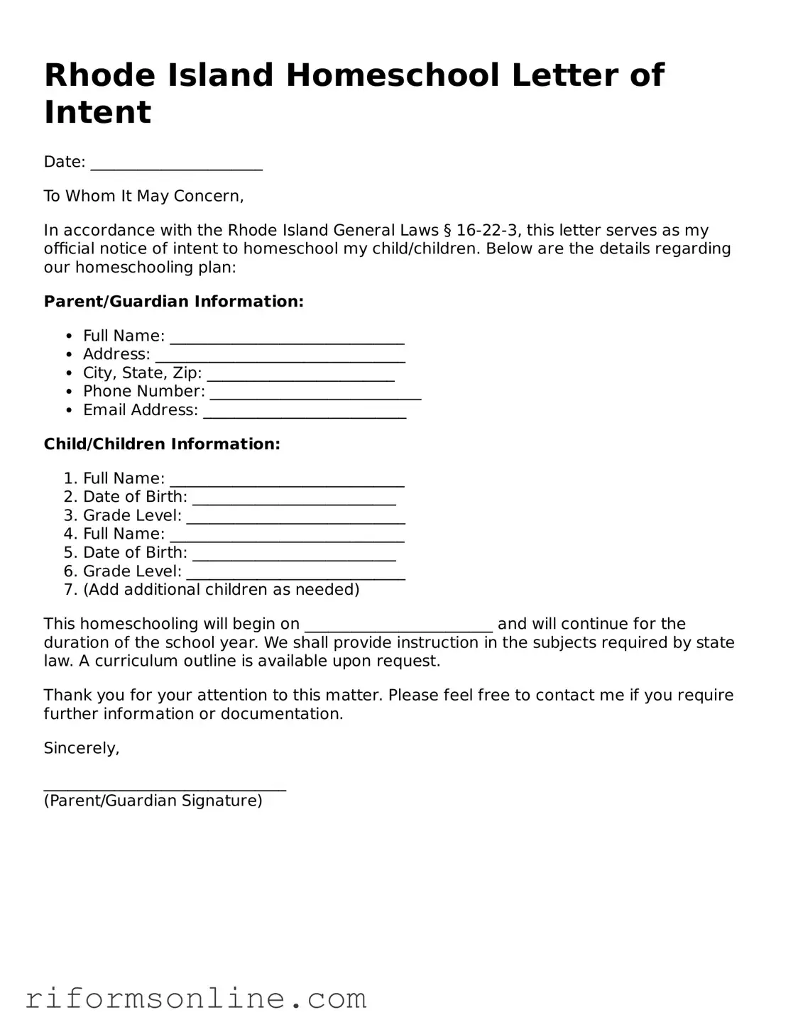 Official Rhode Island Homeschool Letter of Intent Document
