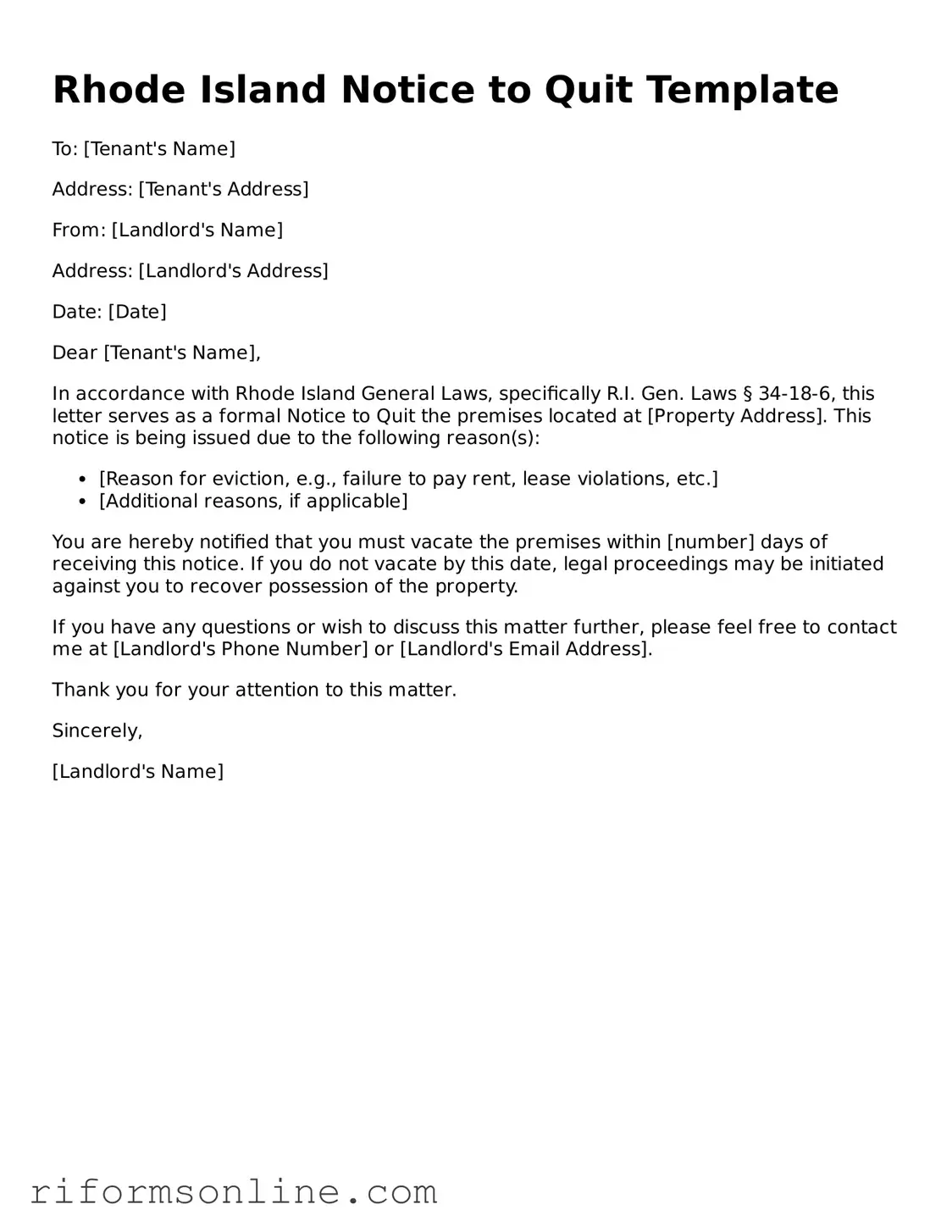 Official Rhode Island Notice to Quit Document