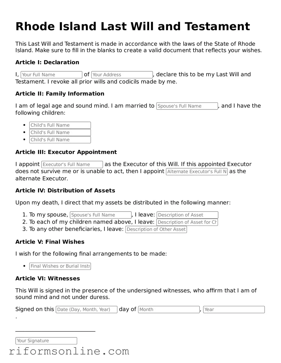Official Rhode Island Last Will and Testament Document
