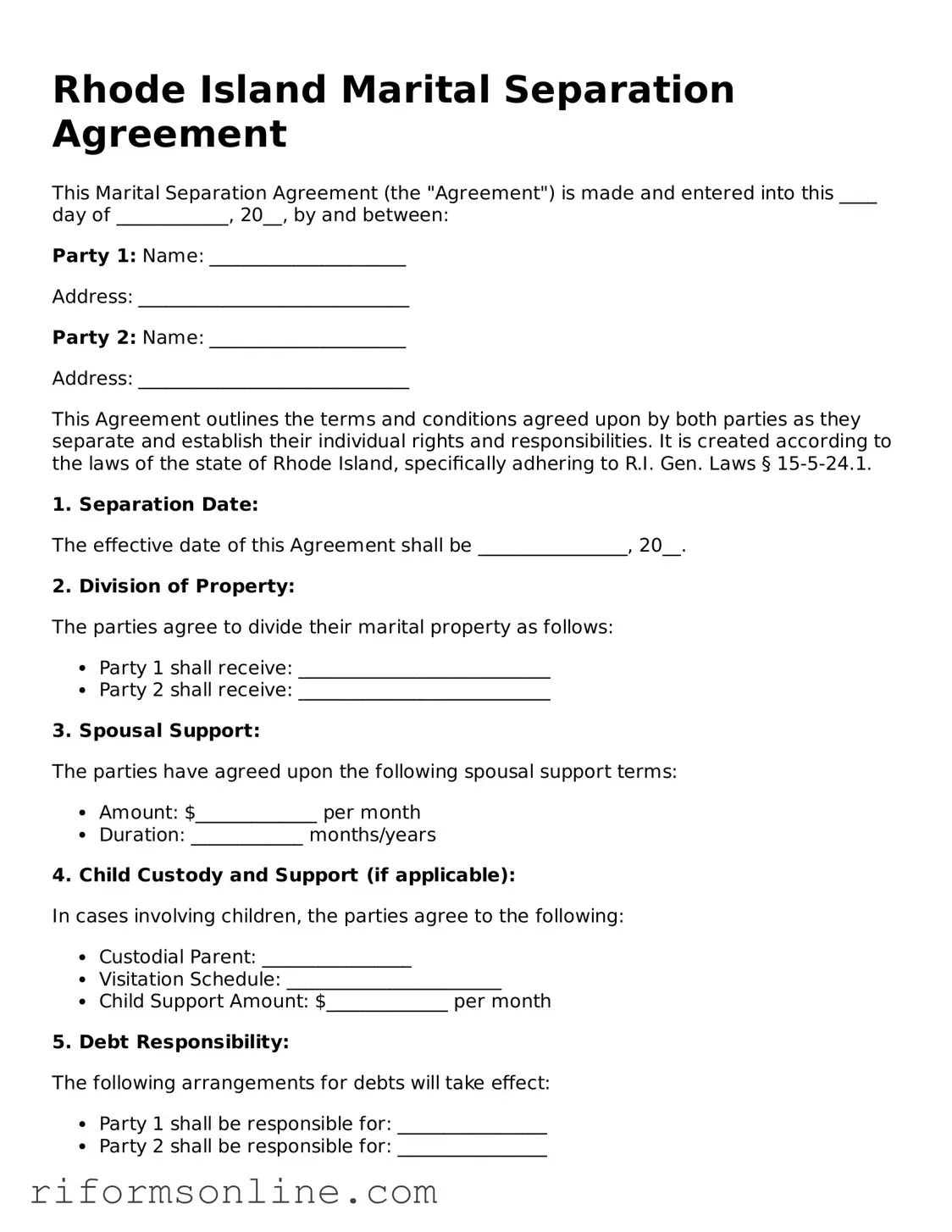 Official Rhode Island Marital Separation Agreement Document