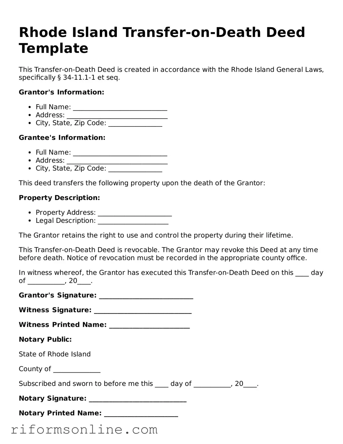 Official Rhode Island Transfer-on-Death Deed Document