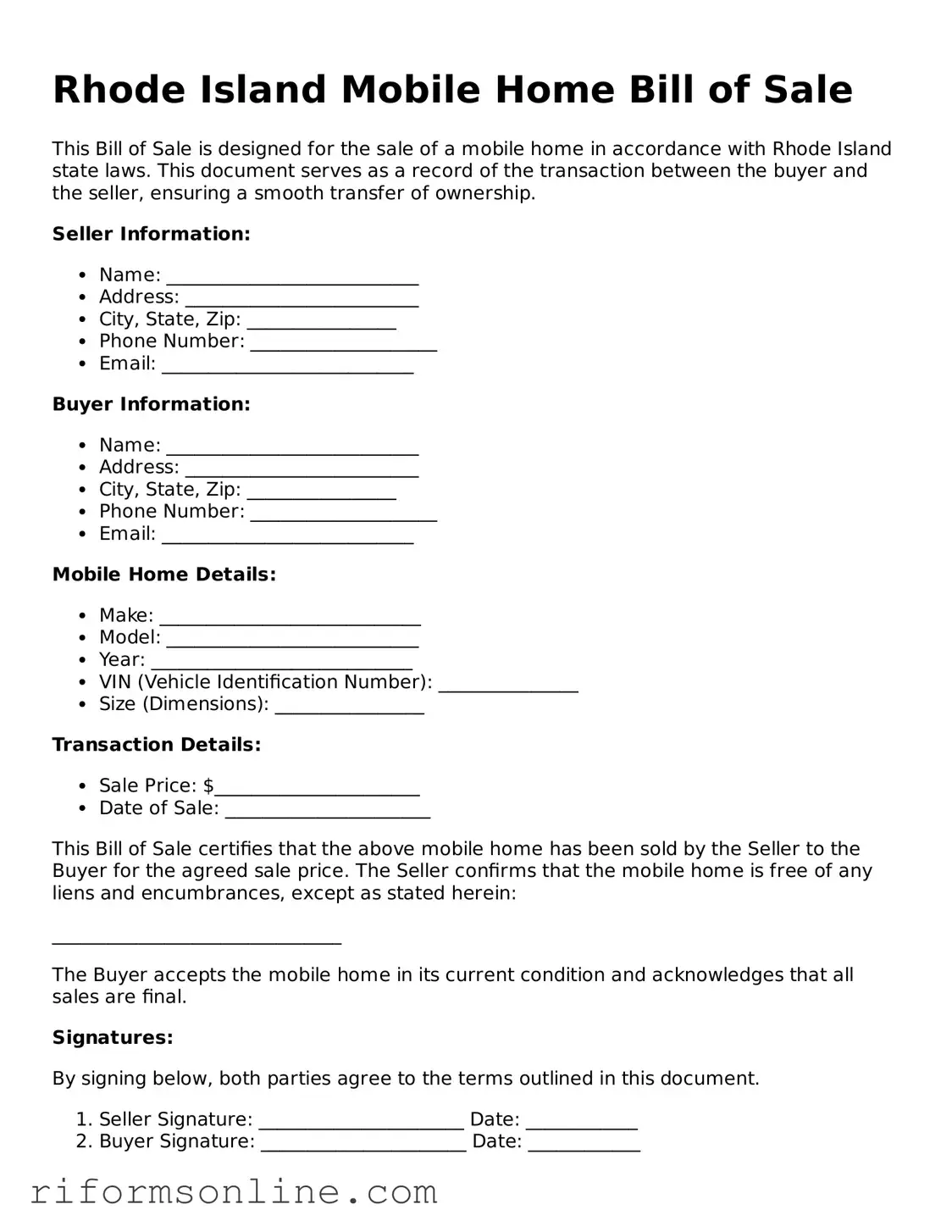 Official Rhode Island Mobile Home Bill of Sale Document