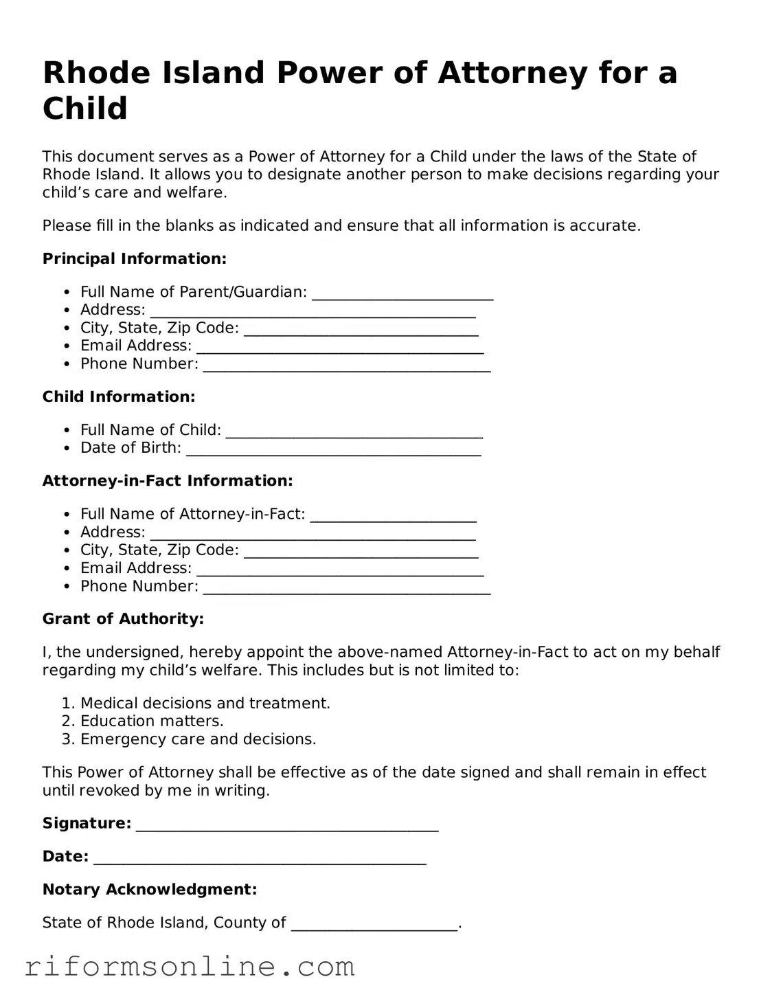 Official Rhode Island Power of Attorney for a Child Document