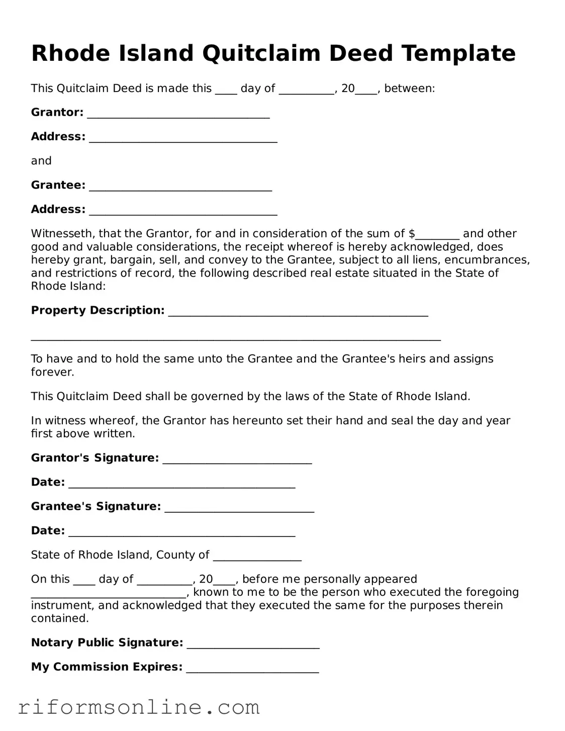Official Rhode Island Quitclaim Deed Document