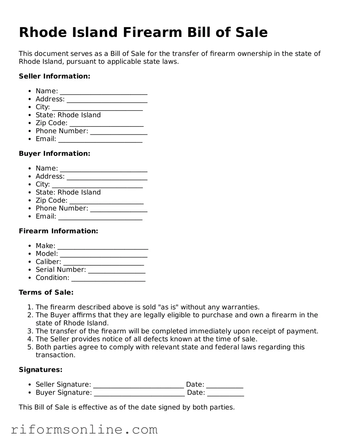 Official Rhode Island Firearm Bill of Sale Document