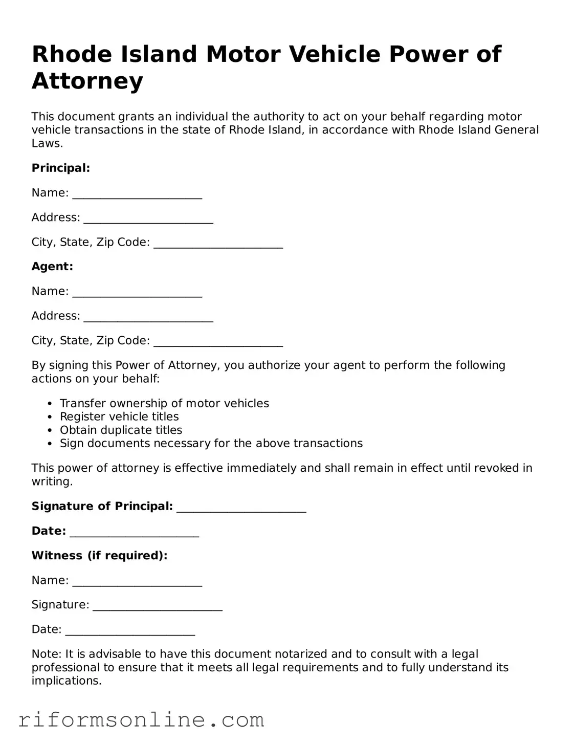 Official Rhode Island Motor Vehicle Power of Attorney Document