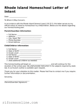 Official Rhode Island Homeschool Letter of Intent Document