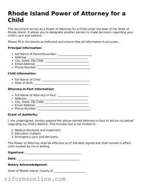 Official Rhode Island Power of Attorney for a Child Document