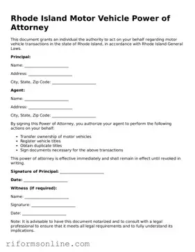 Official Rhode Island Motor Vehicle Power of Attorney Document